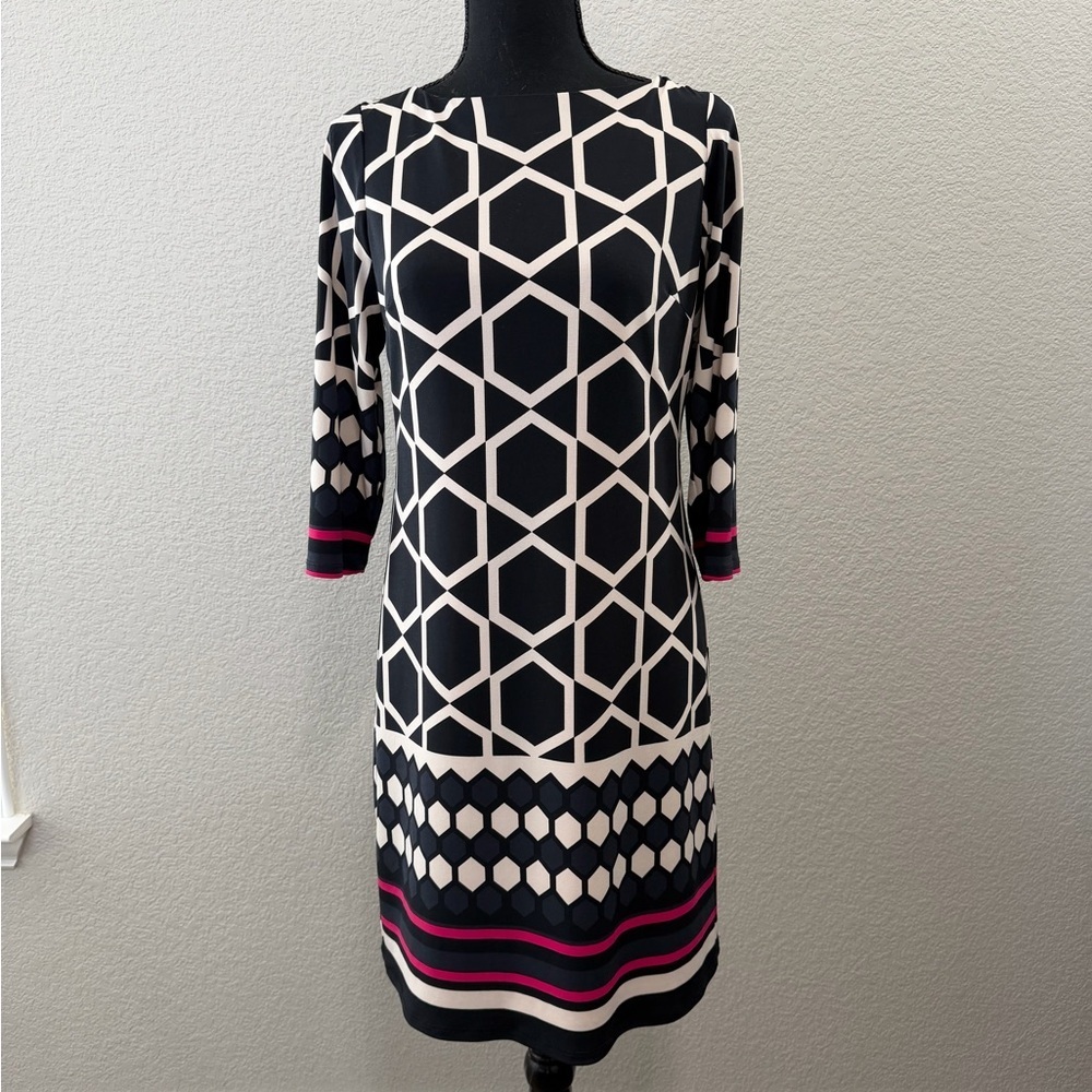 Eliza J Black and Cream Geometric Long Sleeve Dress